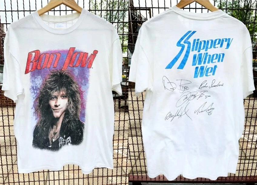 Men s and Women s T-shirts Vintage 1986 Bon Jovi Slippery When Wet 2 Side T Shirt DAD Gift S