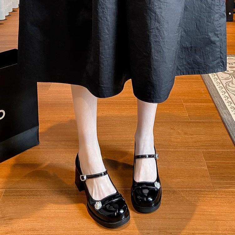 Black Mary Jane single shoes women's 2025 new French daughter style one-word with round head thick heel high heels