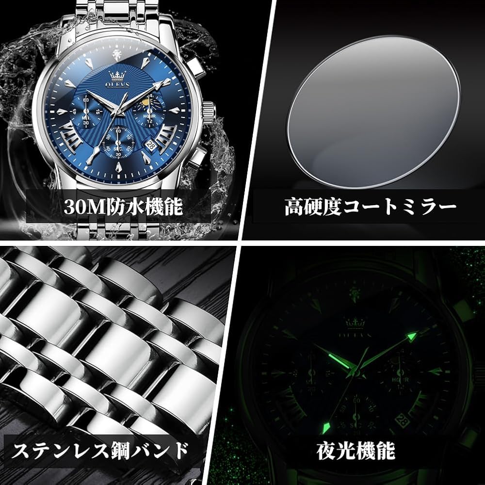OLEVS Men's Chronograph Watch Blue/White Analog Waterproof Business Style Large Display Quartz