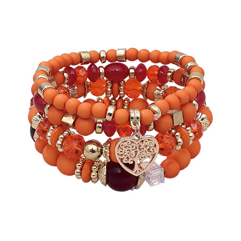Bohemian Ethnic 4-Piece Bracelet Set: Multi-Layer Stackable with Peach Heart Tree Pendant & Acrylic Beads.