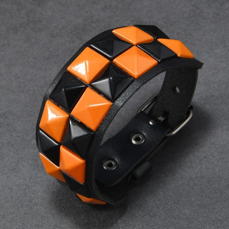 Studded Cuff Bracelet Double Row Square Studs Adjustable Closure PU Strap Punk Wrist Bangle for Concert Streetwear