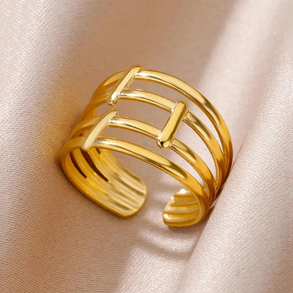 Stainless Steel Rings For Women Men Gold Color Hollow Wide Open Ring Female Male Fashion Wedding Party Finger Jewelry Gift