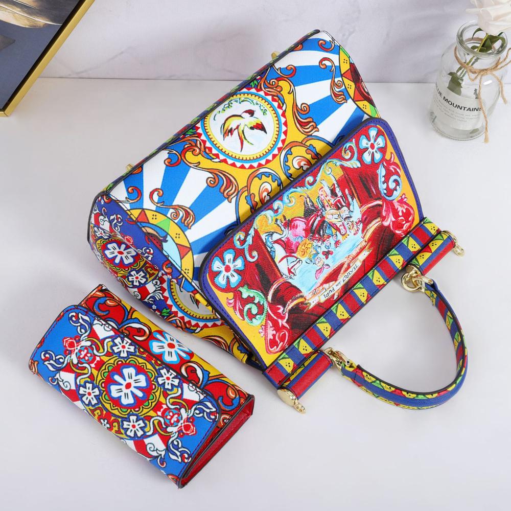Women Bags Leather Vintage Painting Art Purse Handbags Girl Shoulder Bag Cross Body Messenger Bag Female Totes Braccialini Style