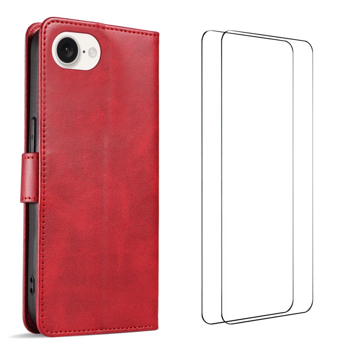 

For iPhone 16e Case with 2Pcs Tempered Glass WANLONFENG WN Series Calf Texture Leather Phone Cover Big Cutouts Red