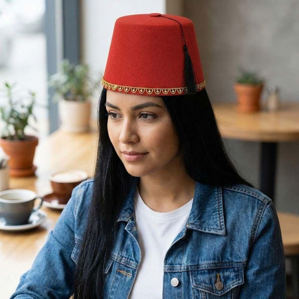 Gorra Fez Redonda Universal de Fieltro Sombrero Marroquí Color Rojo Tarboosh Sombrero Fez Transpirable Otomano Turco Borlas Gorra Ropa de Role Play