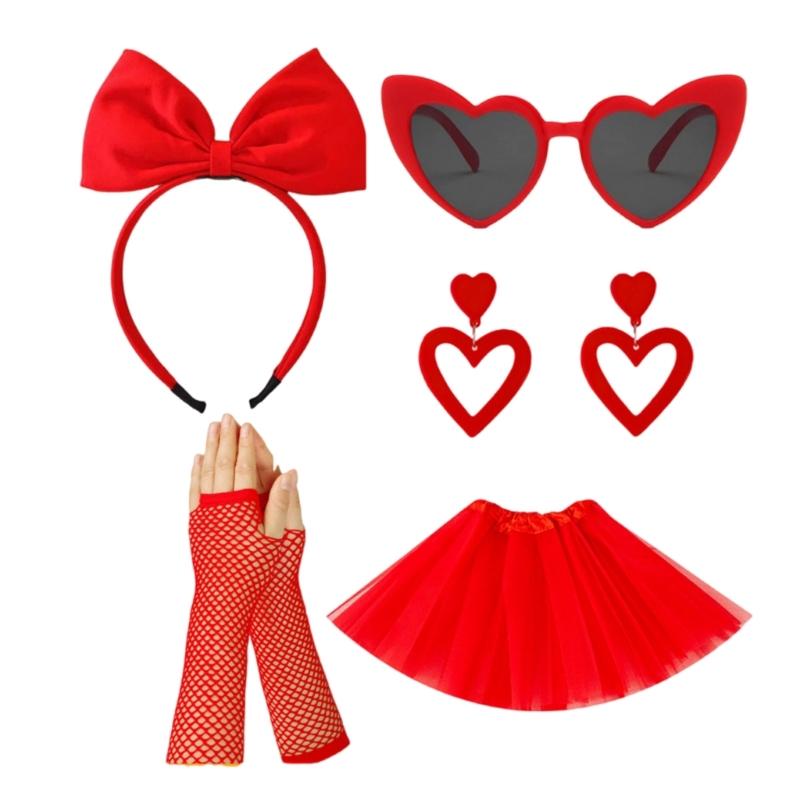 5Pcs 80s Costume Accessories for Women Princess Bows Headband Earrings Tutus Skirt Sunglasses Fishnet Gloves 80s Outfits