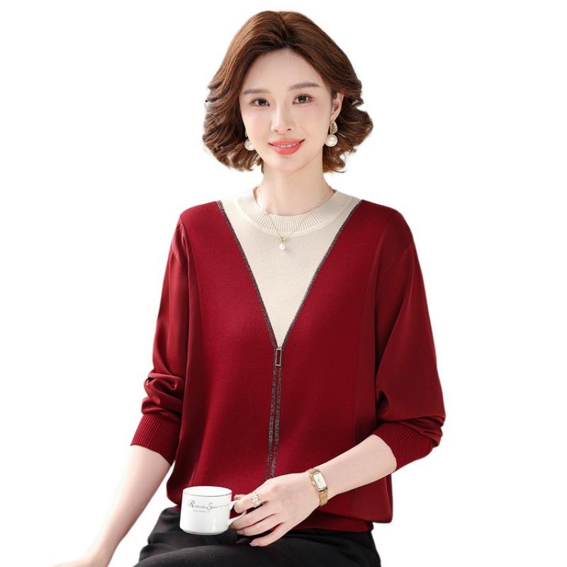 Spring New Mother Outfit Middle-aged Women's Knitted Sweater Round Neck Thin Long-sleeved Sweater Loose Mother-in-law Top