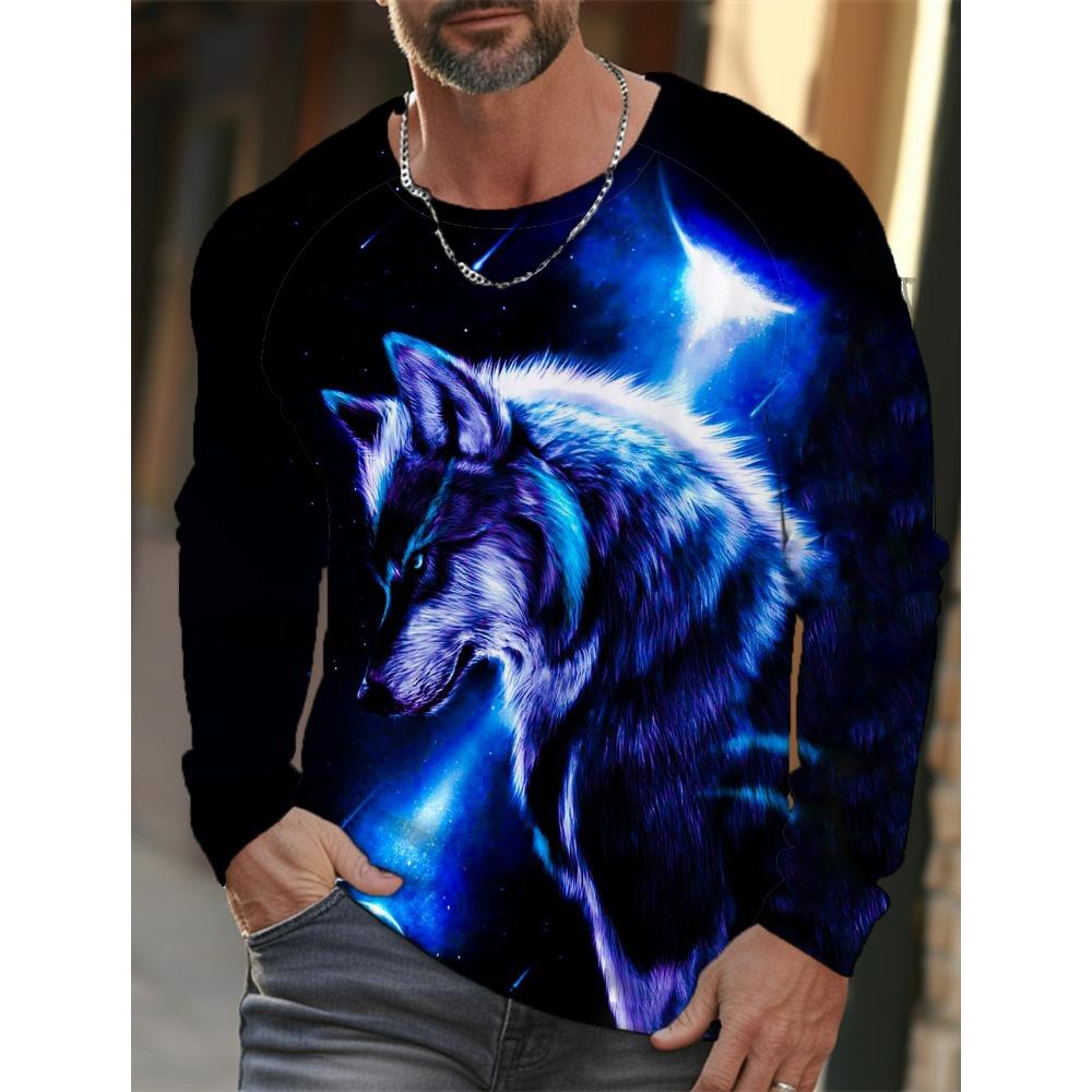 Long-sleeve 3D printed wolf pattern stylish T-shirt, men's street casual, round-neck trendy T-shirt