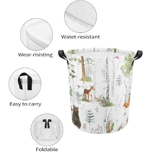 Woodland Animals Laundry Basket,Collapsible Clothes Hamper Waterproof Forest Fox Bear Deer Storage Basket with Handle Kids Room Jungle Deer Laundry