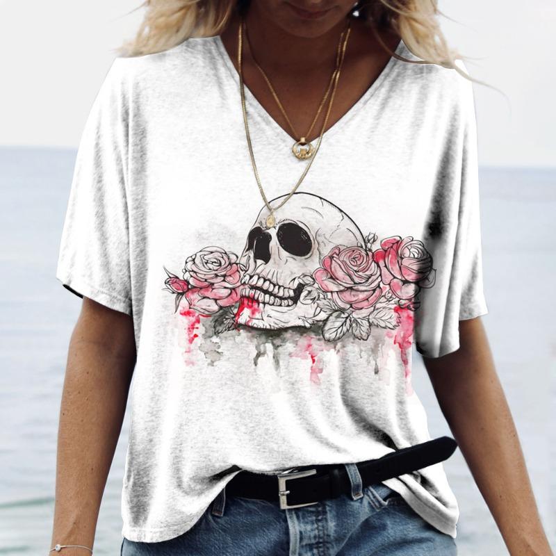 Ladies' V-neck Floral Skull Print Casual Loose Street Trendy T-Shirts Women’s
