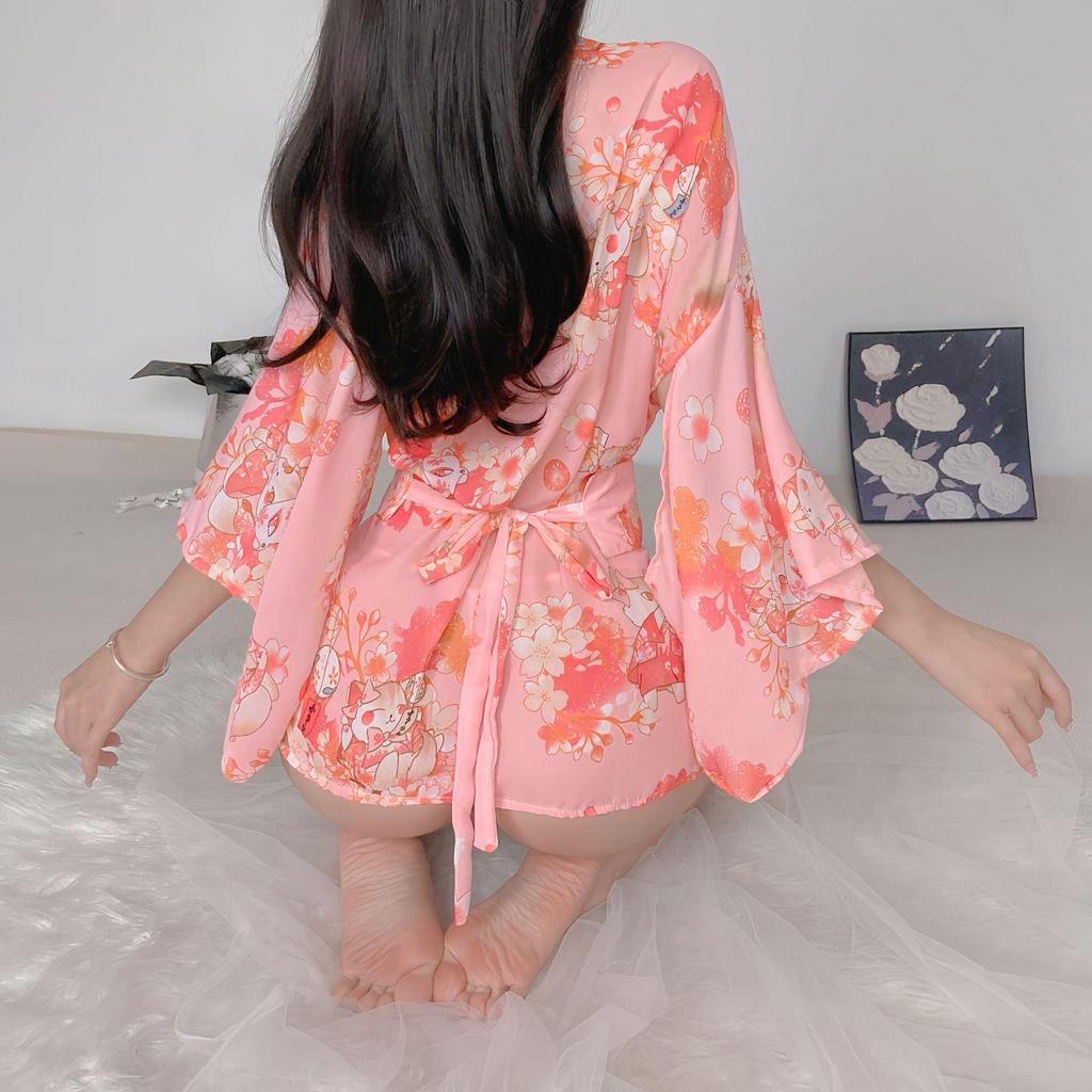 Elegant Japanese Kimono Set with Bow - Cat Print Nightgown and Robe