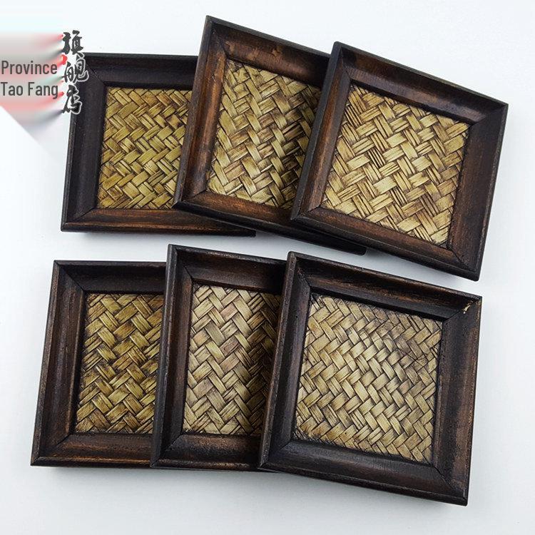 Set of 6 Rattan Coasters: Wooden Heat Insulation Pads, Thai Tea Set Display, Unique Antique Home Ornaments.