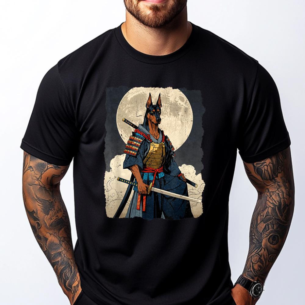 Doberman Dog Samurai Japanese Retro Ukiyo E Warrior Doberman T Shirt Men 100 Cotton Mans Camiseta Masculina Vintage