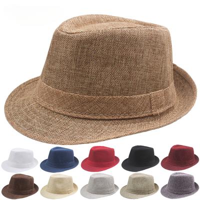 Kapelusz Jazzowy Z Lnu dla Osób W Średnim Wieku Letni Brytyjski Retro Cylinder Kapelusz Daszek Przeciwsłoneczny z Lnu Jednolity Zewnętrzny Kapelusz Fedora na Imprezę