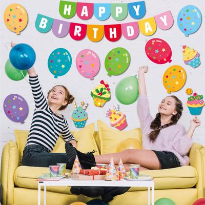 Happy Birthday Bulletin Board Set Cake Candle Balloon with Glue Dot Background Cloth Party Decoration Wall Stickers