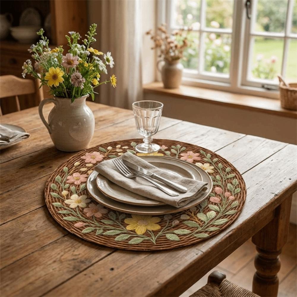 6PCS Non-slip Round Placemat Heat Insulation 2D Printed Flower Linen Table Mat Anti-scald Polyester Dining Mat Dining Room