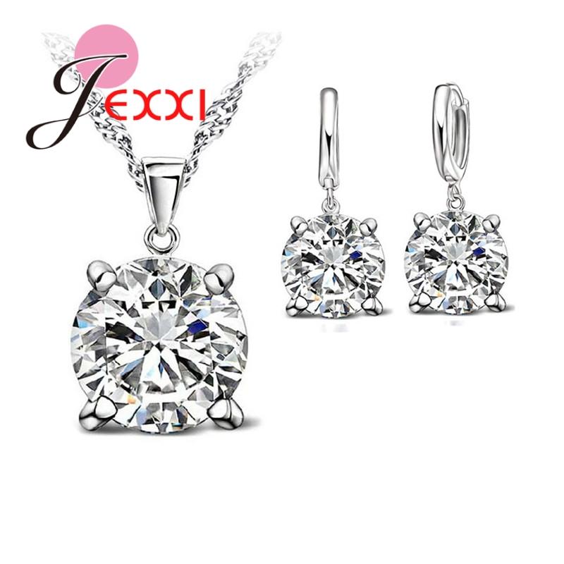 Solid 925 Sterling Silver Jewelry Sets 4 Claws Cubic Zirconia Pendant Necklace Earring Fashion Jewelry For Women SET