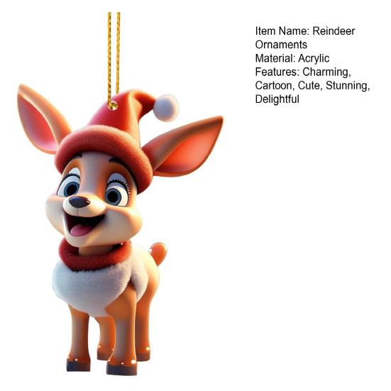 2D Flat Acrylic Elk Pendant Cartoon Deer Christmas Tree Decoration Car Rearview Mirror Hanging Charm for Auto Interior Accessories Xmas Tree Decor