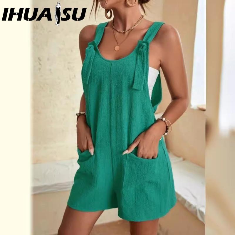 IHUASU Damenmode, lässig, einfarbig, bedruckt, Sommer, Frühling, ärmellos, Hosenträger, Hosen, Overalls und Strampler