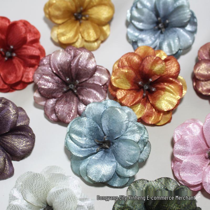 Camellia Gold Thread Artificial Flower Heads for DIY Hairpins and Home Decor Ornaments