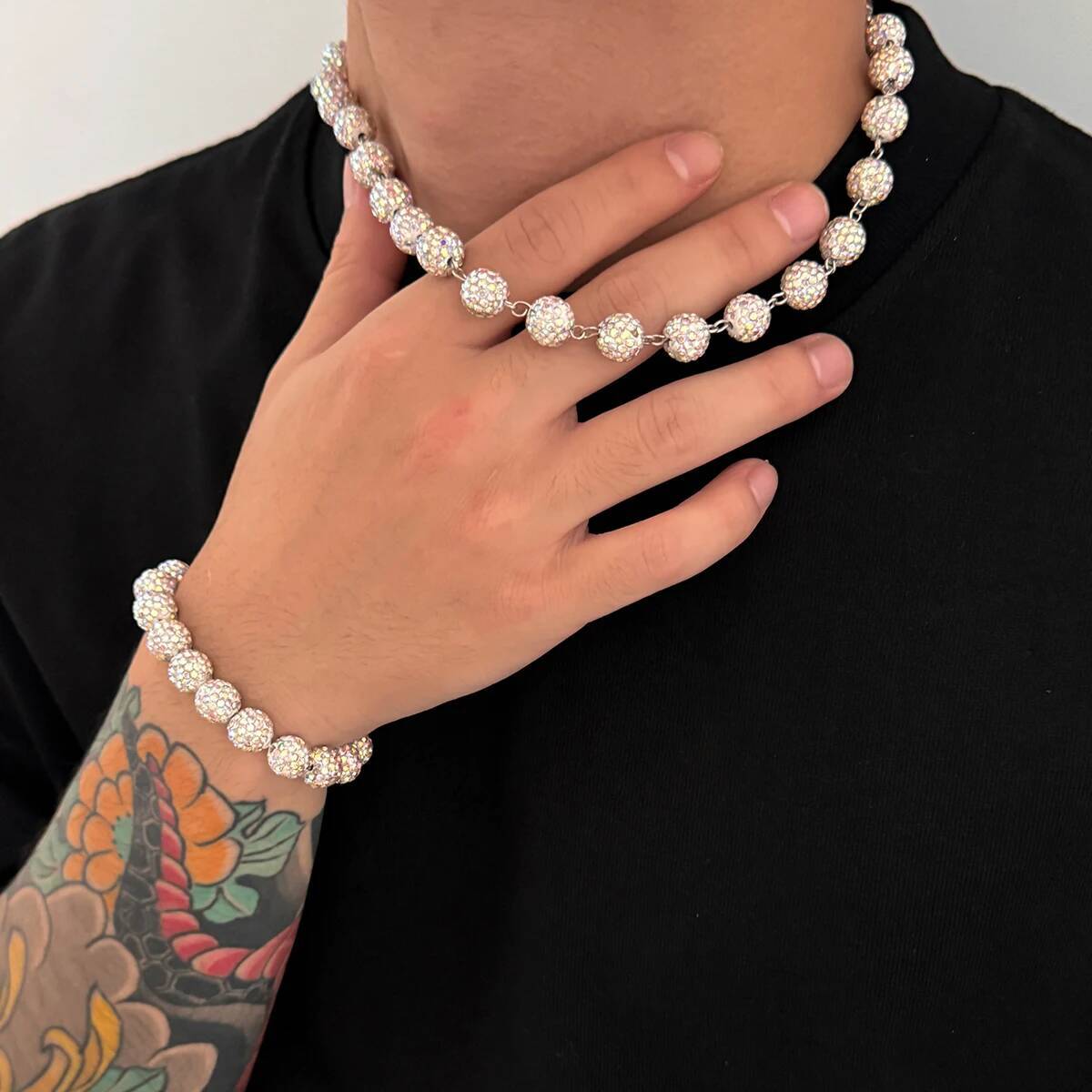 

Ingemark 2Pcs/Set Luxury Rhinestone Beads Chain Necklace Bracelets for Men Hip Hop Chunky Choker Party Jewelry Set Accessories