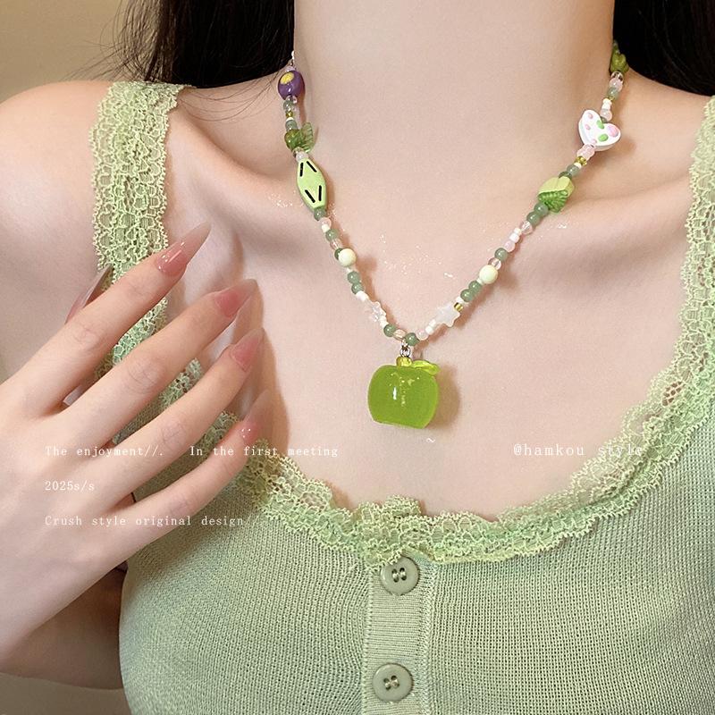 Mori green apple beaded necklace female design sense collarbone chain sweet accessories