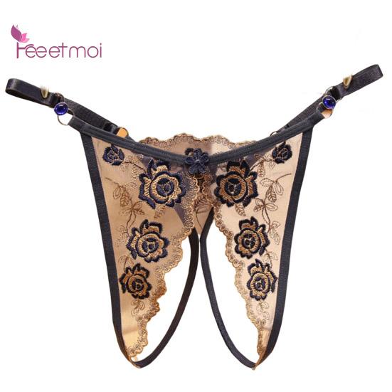 Women Panties Crotch Adjustable Strap Hollow Out Slutty Thin Open Stretchy See-through Lace Flower Embroidery