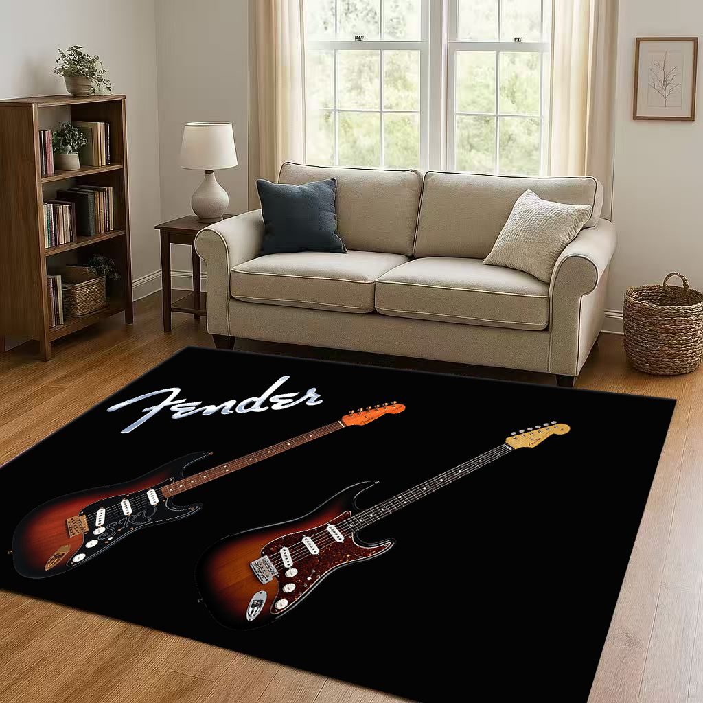 3D F Fender Guitar Musical Instrument Sign Living Room Non Slip Area Rug Carpet for Bedroom Sofa,Easy Clean Home Decor Doormat