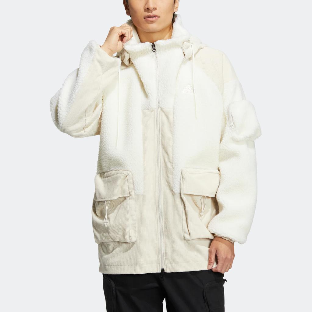 Adidas Patch Detail Knit Jacket With Sherpa Fleece Panel And Zip Hood Men Jackets White HN9017