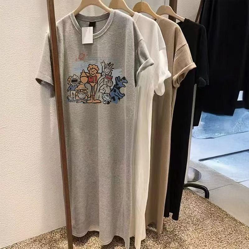 Volné dámské tričkové šaty s kulatým výstřihem a krátkým rukávem ve velké velikosti, dlouhé ležérní šaty, spací šaty ke kolenům