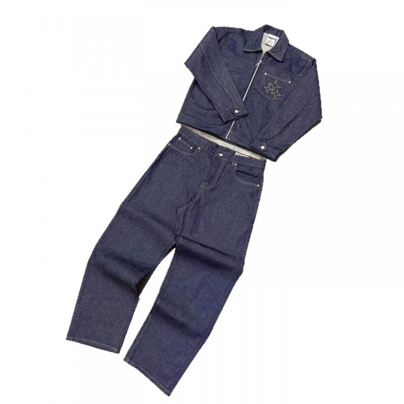 Mens Retro Washed Denim Set Long Sleeve Zip-Up Jacket Straight Leg Jeans Casual Outfit
