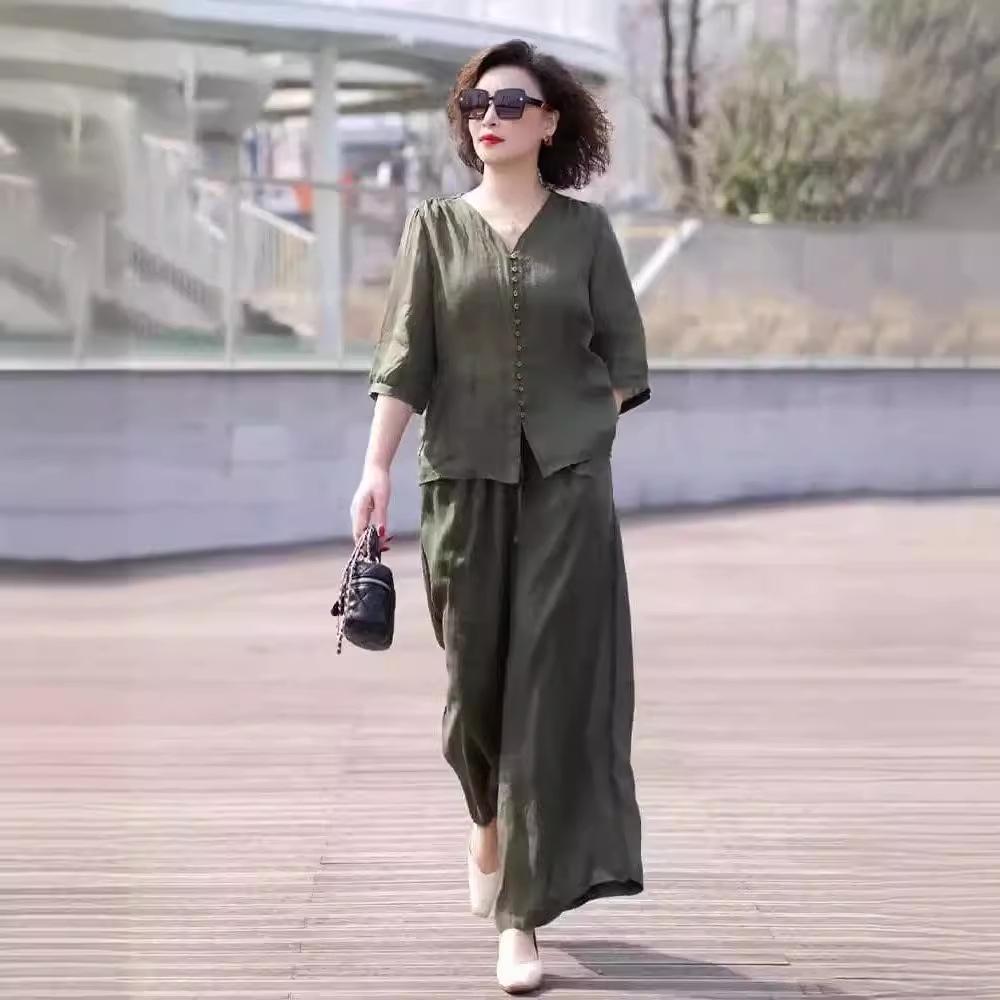 2025 Women's Retro Fashion Casual Two-Piece Set: Top & Wide-Leg Pants