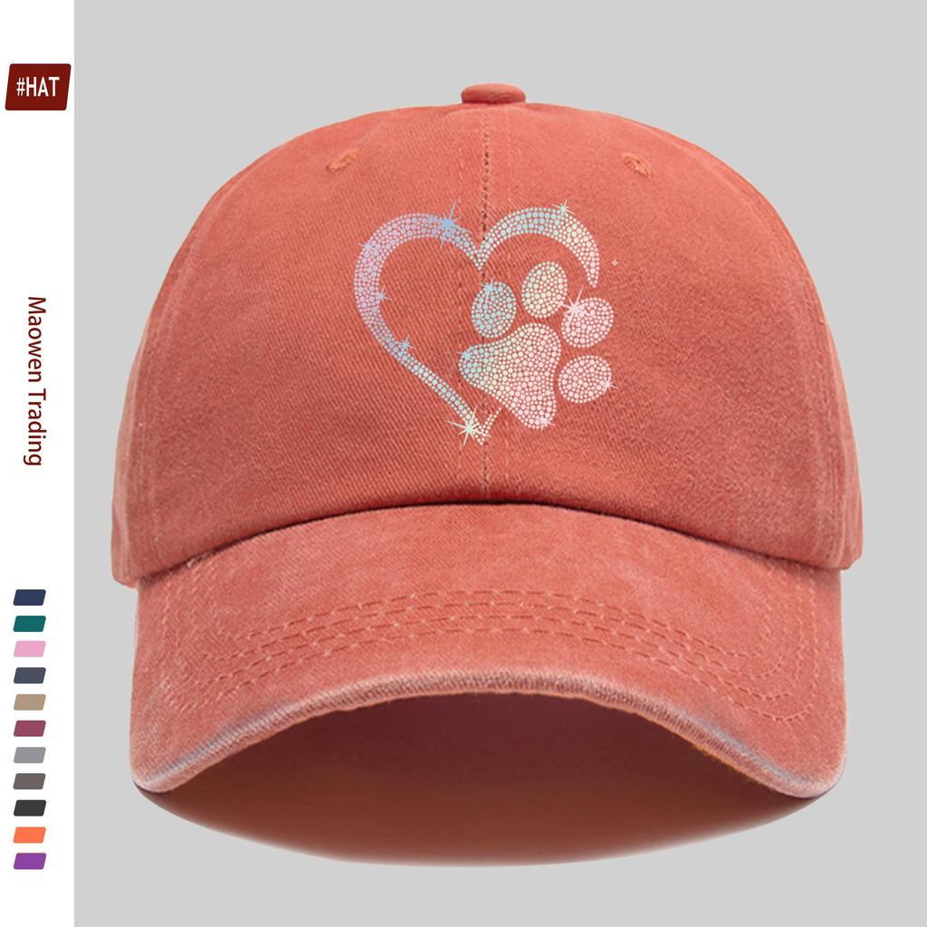 pc Gradient Hot Drilled Heart Dog Paw Print Baseball Cap Casual Design Decorative Hat Comfortable Lightweight Headwear Adjus