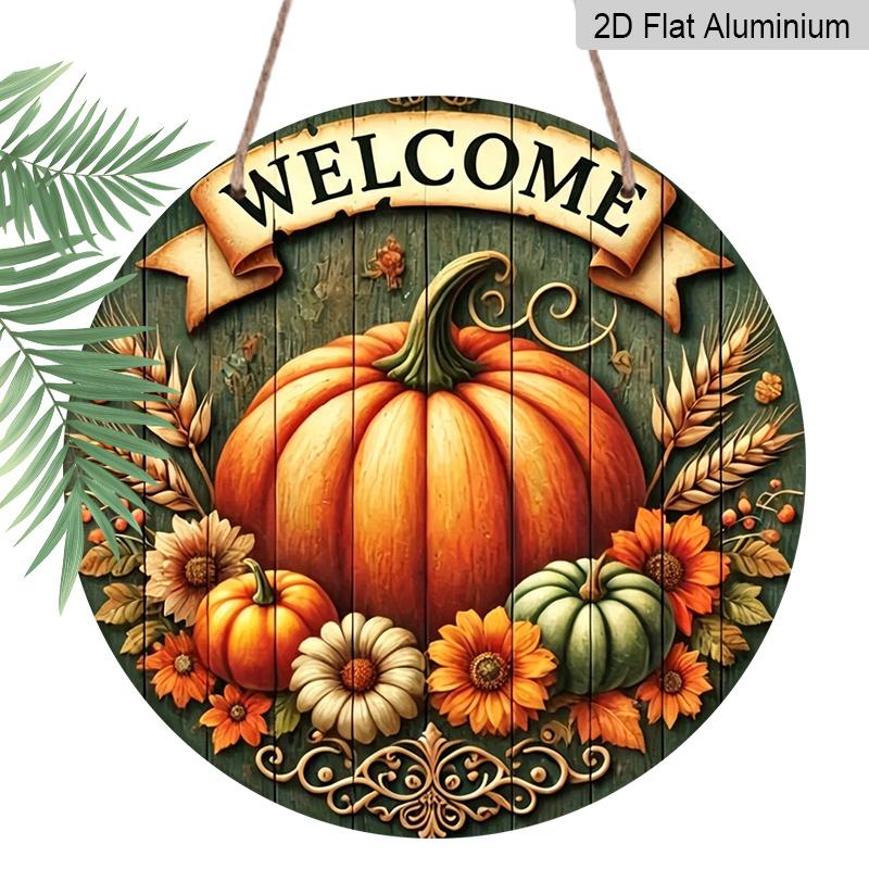 2D Flat, 1pc Aluminum Pumpkin Wreath Welcome Sign And Hanging Decor, Autumn And Thanksgiving Hanging Decoration, Suitable for Fall Harvest Greeting