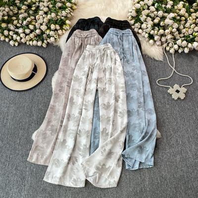 High Quality Ink-wash Acetate Satin Tie-Dye Rayon Wide-Leg Pants for Women Summer High-Waisted Slimming Loose-Fit Trousers