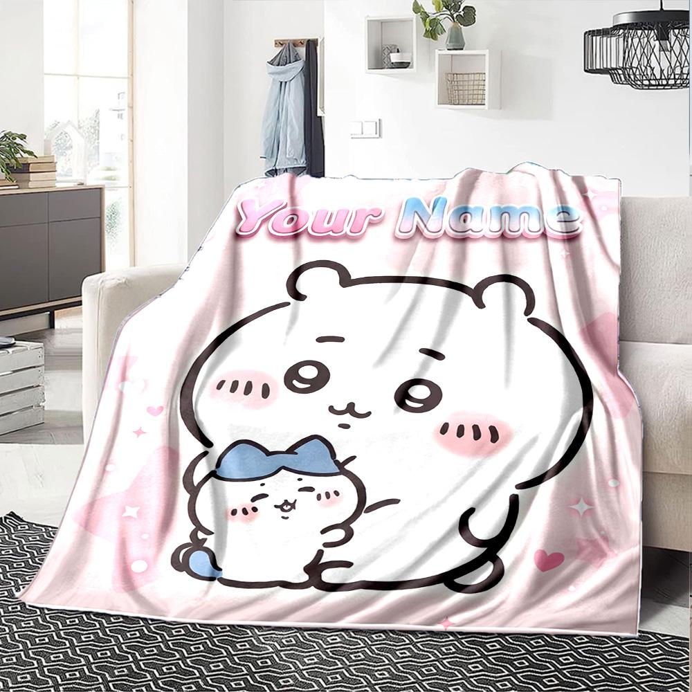 1pc Chiikawa Blanket with Custom Name, Gift, for Men and Women, Soft Blanket, Good for Sofa Bed Couch Travel, Lightweight Flannel Blanket