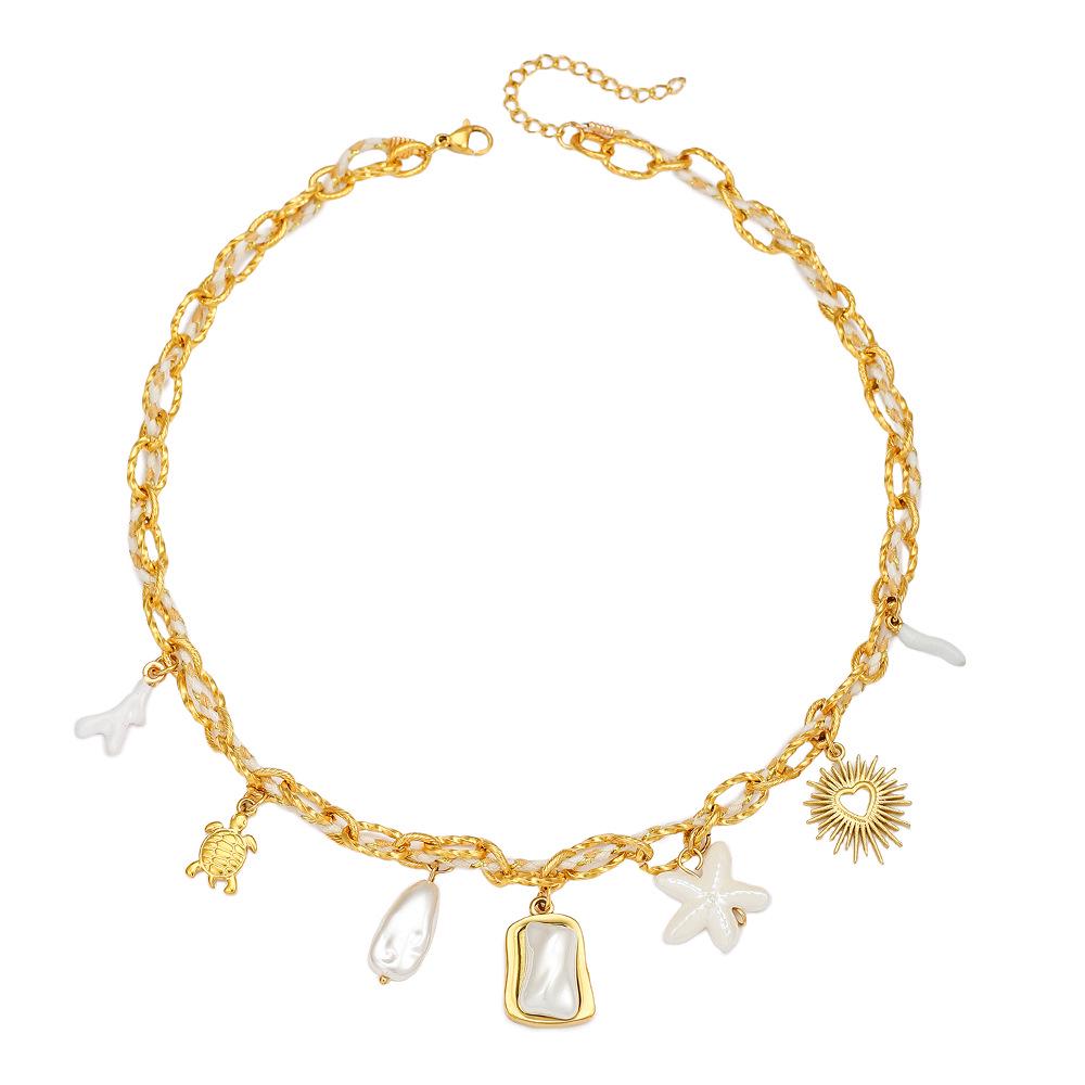 Summer Starfish & Pearl Heart Sea Turtle Pendant Necklace - Dopamine Stainless Steel Clavicle Chain