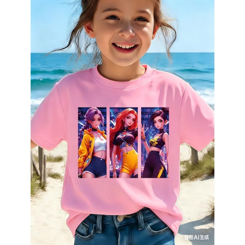 Summer Kids Girls Kpop Three Girls Cartoon Print Creative Fashion Versatile Crew Neck Adult T-Shirt Tops