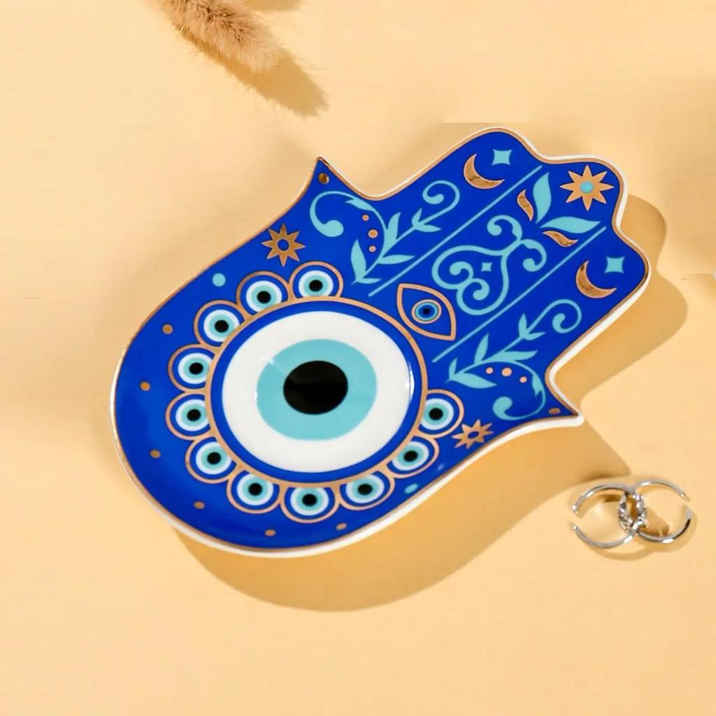 Evil Eye Hand of Fatima Holder,Jewelry Tray, Ring Dish,Decorative White Ceramic Ring Tray for Jewelry, Key Bowl