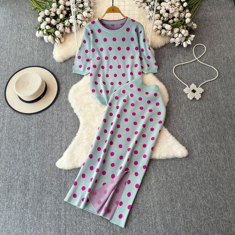 

Classic Style Business Suit Women s Summer Chubby Slimming Fancy Polka Dot Knitted Sweater Top and Skirt Two-piece Set Light blue All yards