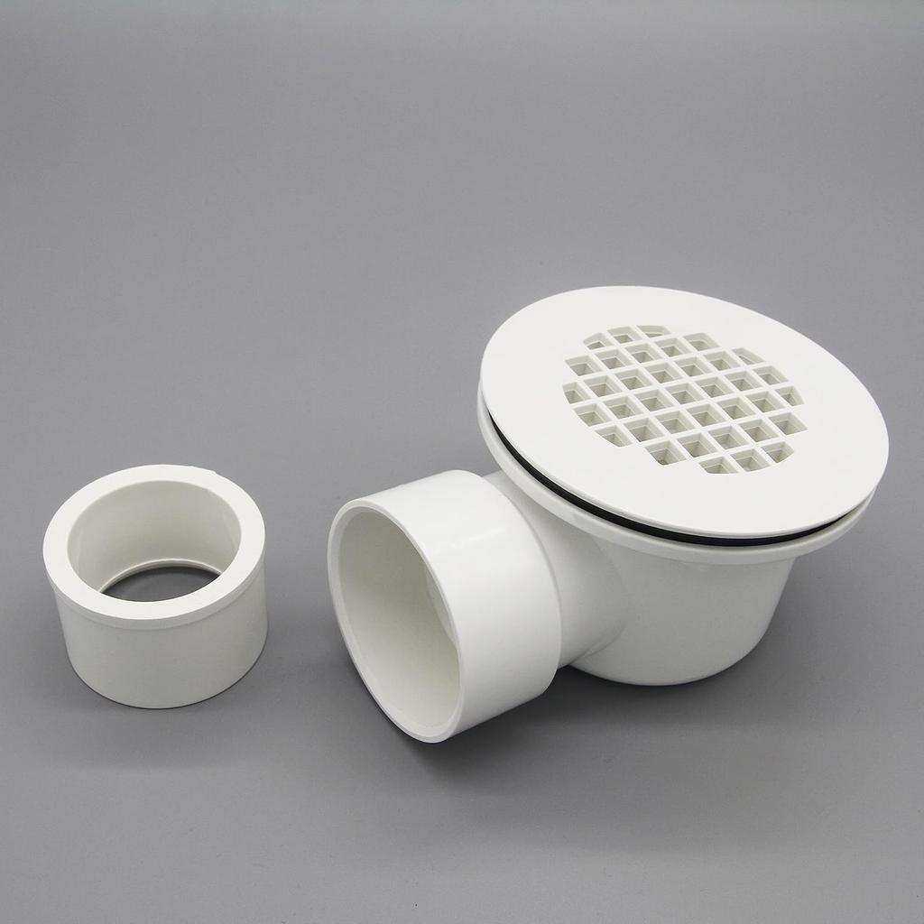 2" Low Profile Shower Drain with 2" x 1-1/2" Reducer Pipe Fitting and Perforated Strainer- PVC Side Outlet Drain Assembly for Replacement Shower Base
