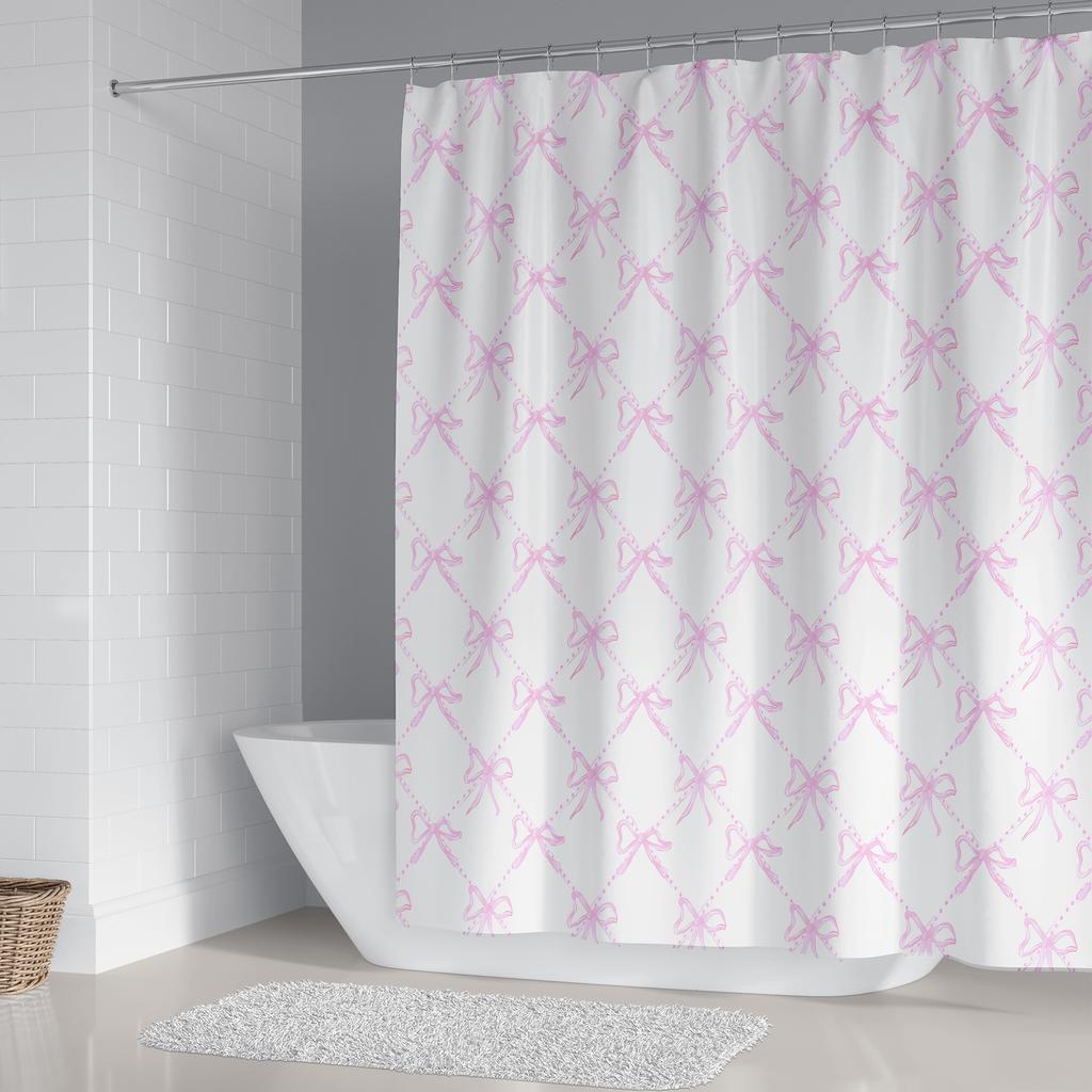 Pink Bow Girls Shower Curtain Polyester Waterproof Fashion Bathroom Floor Mat Toilet Set Bath Accessories Mildew Proof