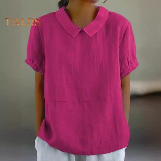 Damen Freizeithemd mit umgeschlagenem Kragen, kurzärmelig, einfarbig, lockere Passform, Sommer-T-Shirt für den Alltag