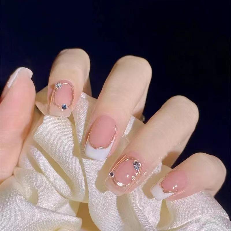 

Handmade Press-On French Manicure with Reusable Gel Stickers Ultra Short Tapered XS