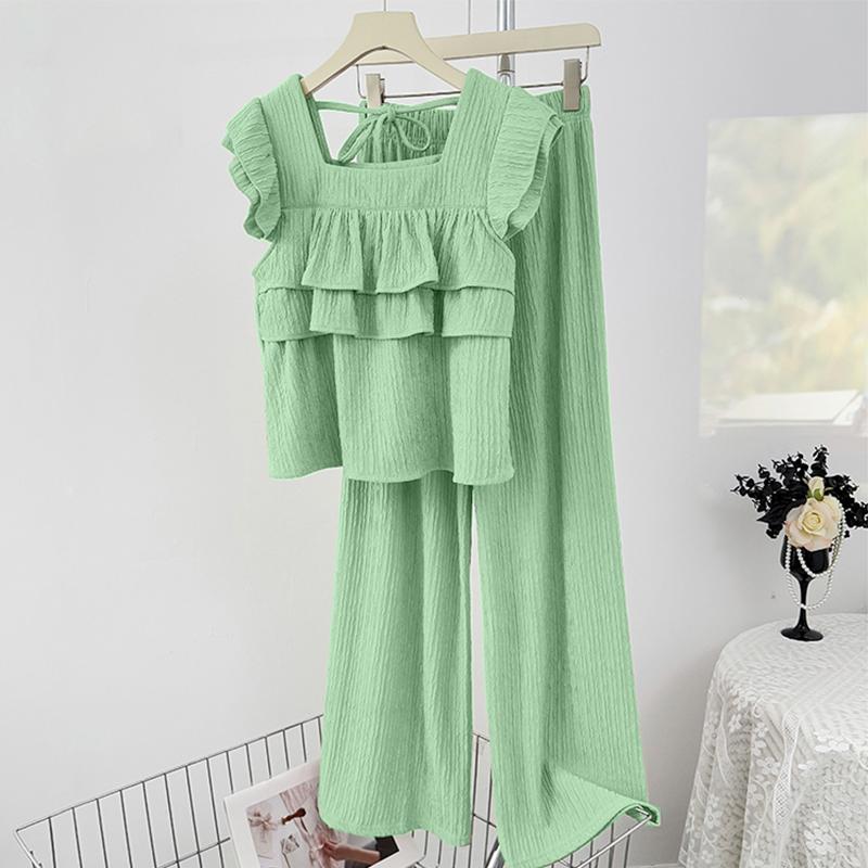 

ZANZEA Женская блузка с коротким рукавом и брюки Летние комплекты-двойки 4XL зелёный