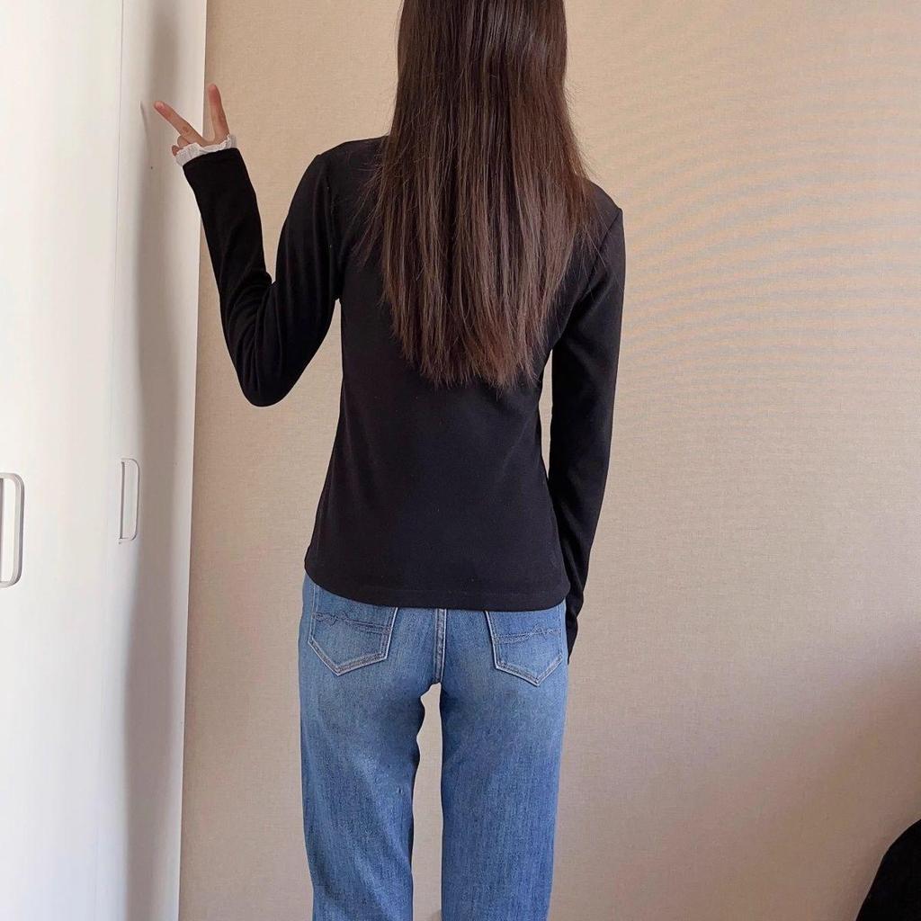 Women's Stylish Thermal Fleece Long Sleeve Lace T-Shirt, Slimming Warm Base Layer, Half-High Neck, Perfect for Autumn/Winter.
