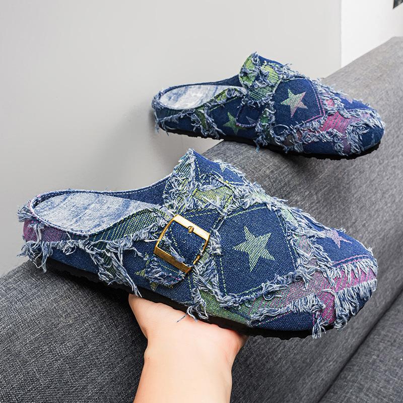 Men Denim Frayed Edge Closed Toe Soft Sole Slip On Outdoor Casual Summer Slippers