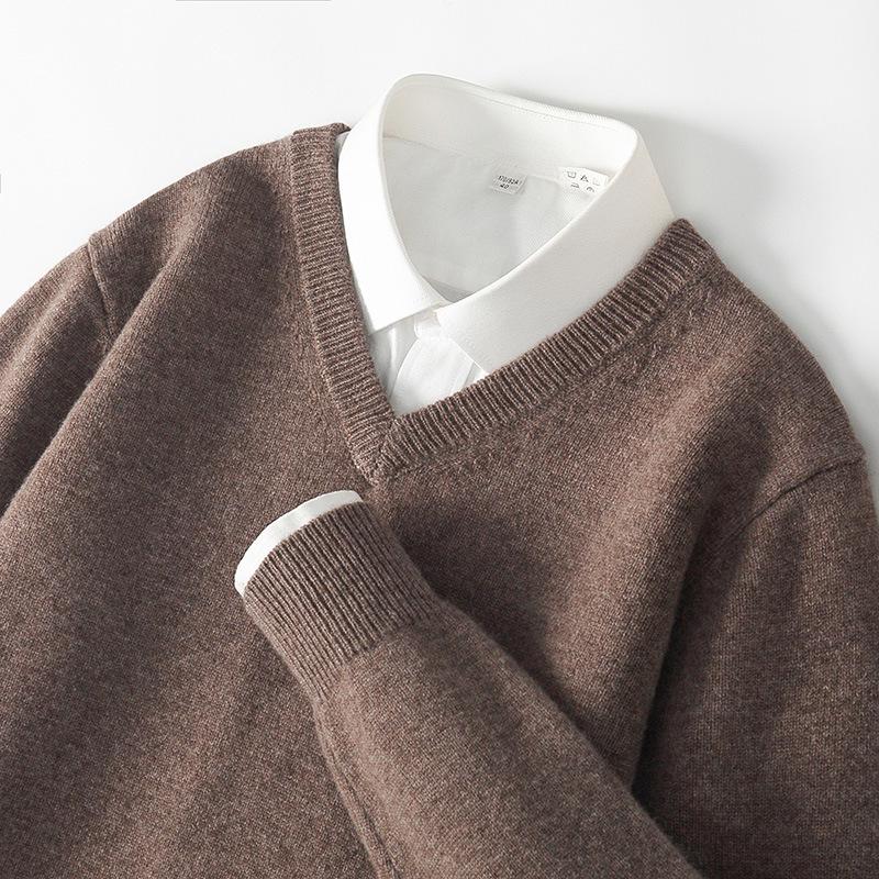 Men's 100% Wool V-Neck Sweater - Solid Color, Loose Fit, Long Sleeve Knitwear