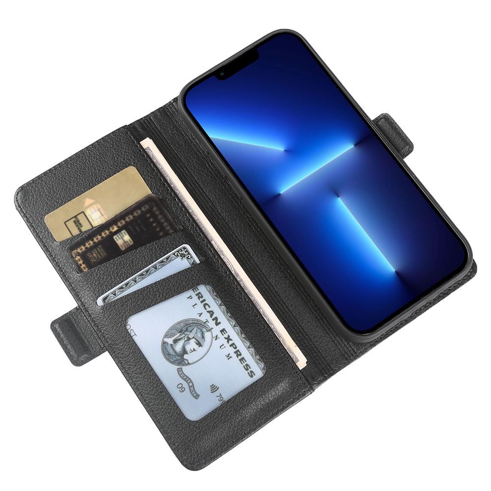 For iPhone 13 Pro Max Wallet Case with Dual Magnetic Clasp Litchi Textured Leather Flip Stand Phone Cover