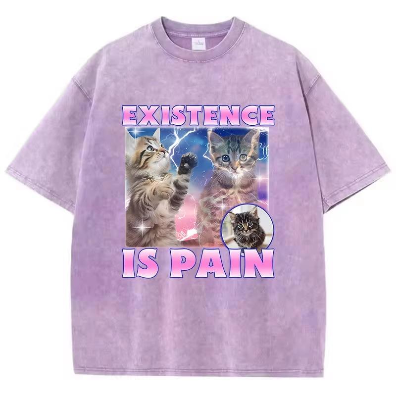 Existence Is Pain Cat T Shirt Vintage Washed 100% Cotton T-Shirt Graphic Tee Casual Streetwear for Spring Summer Fall